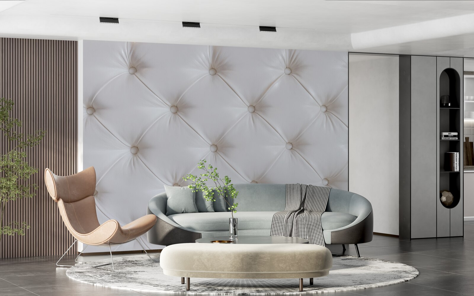 Фотошпалери біла шкіряна оббивка з декором зі стразів