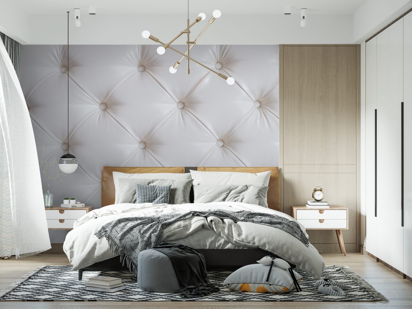 Фотошпалери біла шкіряна оббивка з декором зі стразів