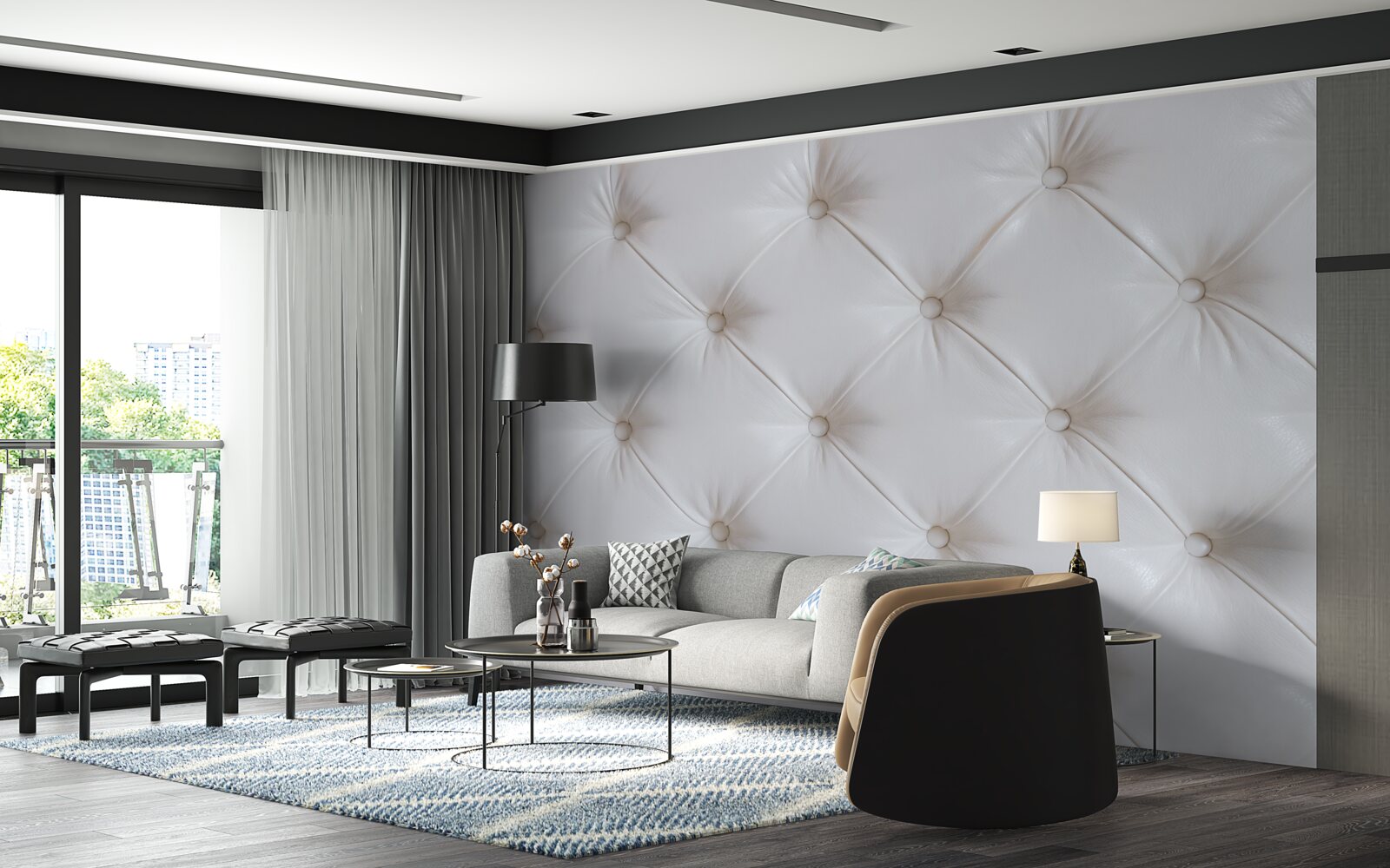 Фотошпалери біла шкіряна оббивка з декором зі стразів