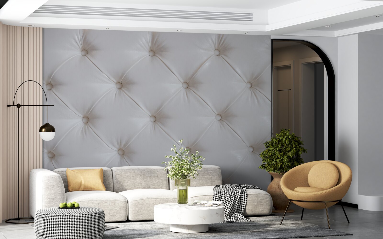 Фотошпалери біла шкіряна оббивка з декором зі стразів