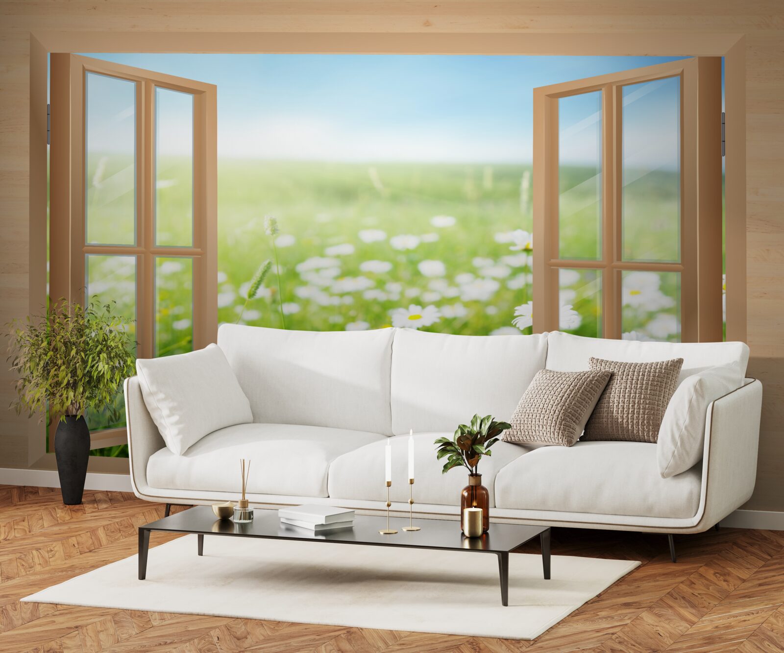 Фотошпалери вид на ромашкове поле з вікна