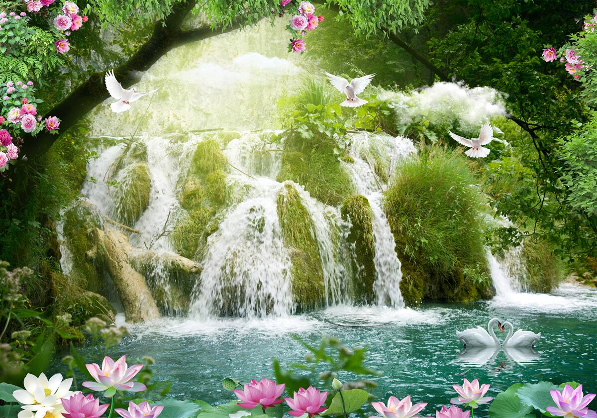 Фотошпалери падіння води з лісового водоспаду