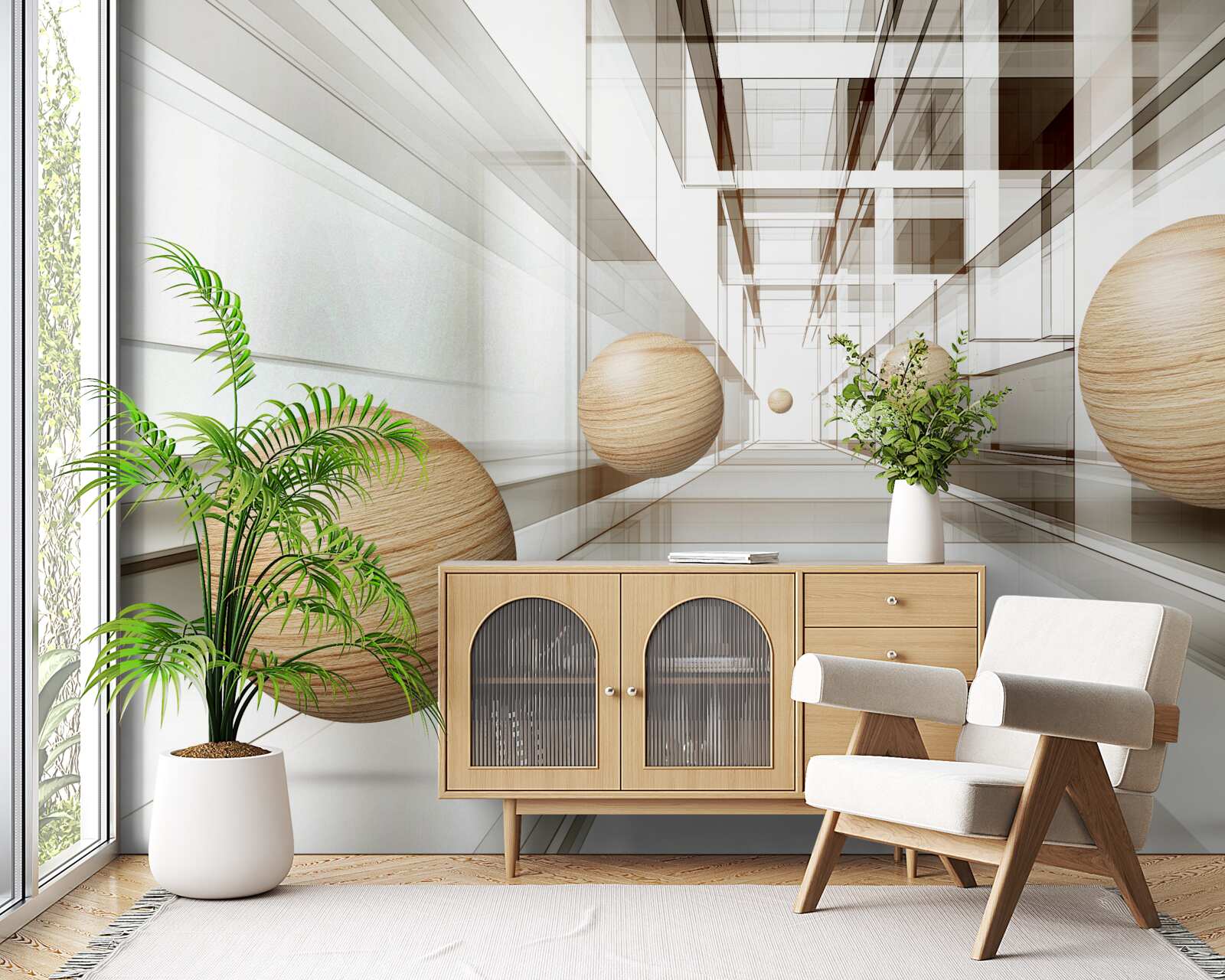 Фотошпалери дерев'яні кулі в тунелі для оптики