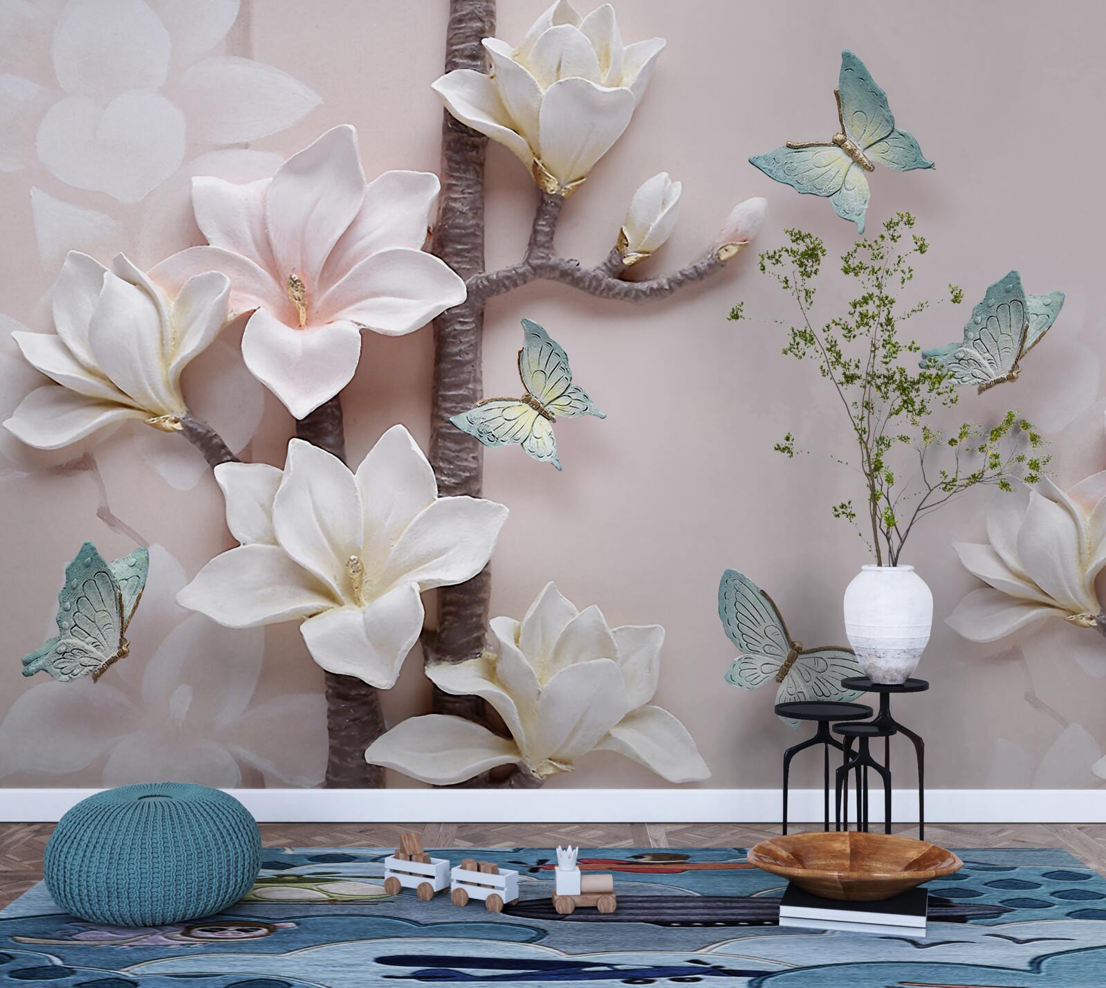 Фотошпалери блакитні метелики та білі квіти