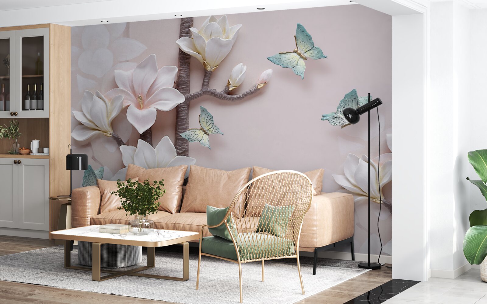 Фотошпалери блакитні метелики та білі квіти