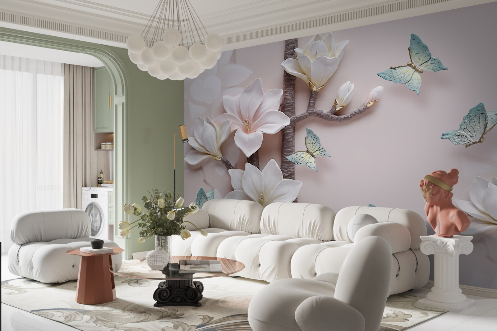 Фотошпалери блакитні метелики та білі квіти