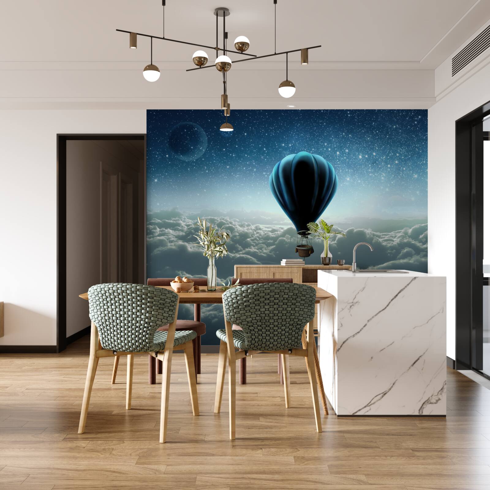 Фотошпалери небесний купол із зірками на повітряній кулі