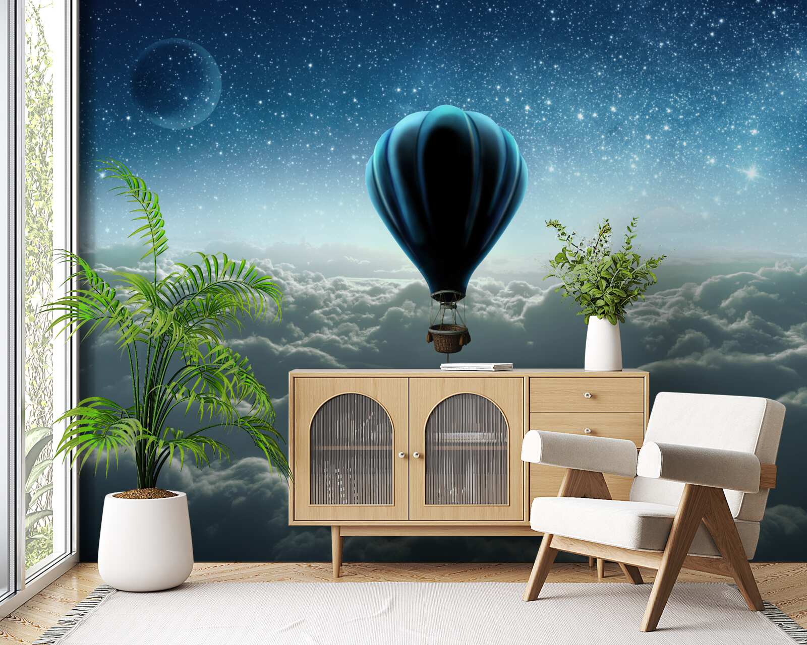 Фотошпалери небесний купол із зірками на повітряній кулі