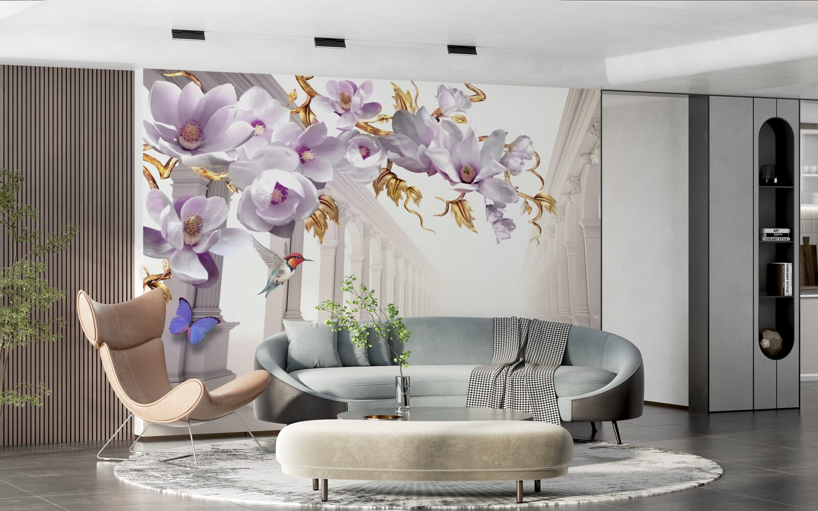 Фотошпалери нескінченний тунель, прикрашений яскравими квітами та метеликами