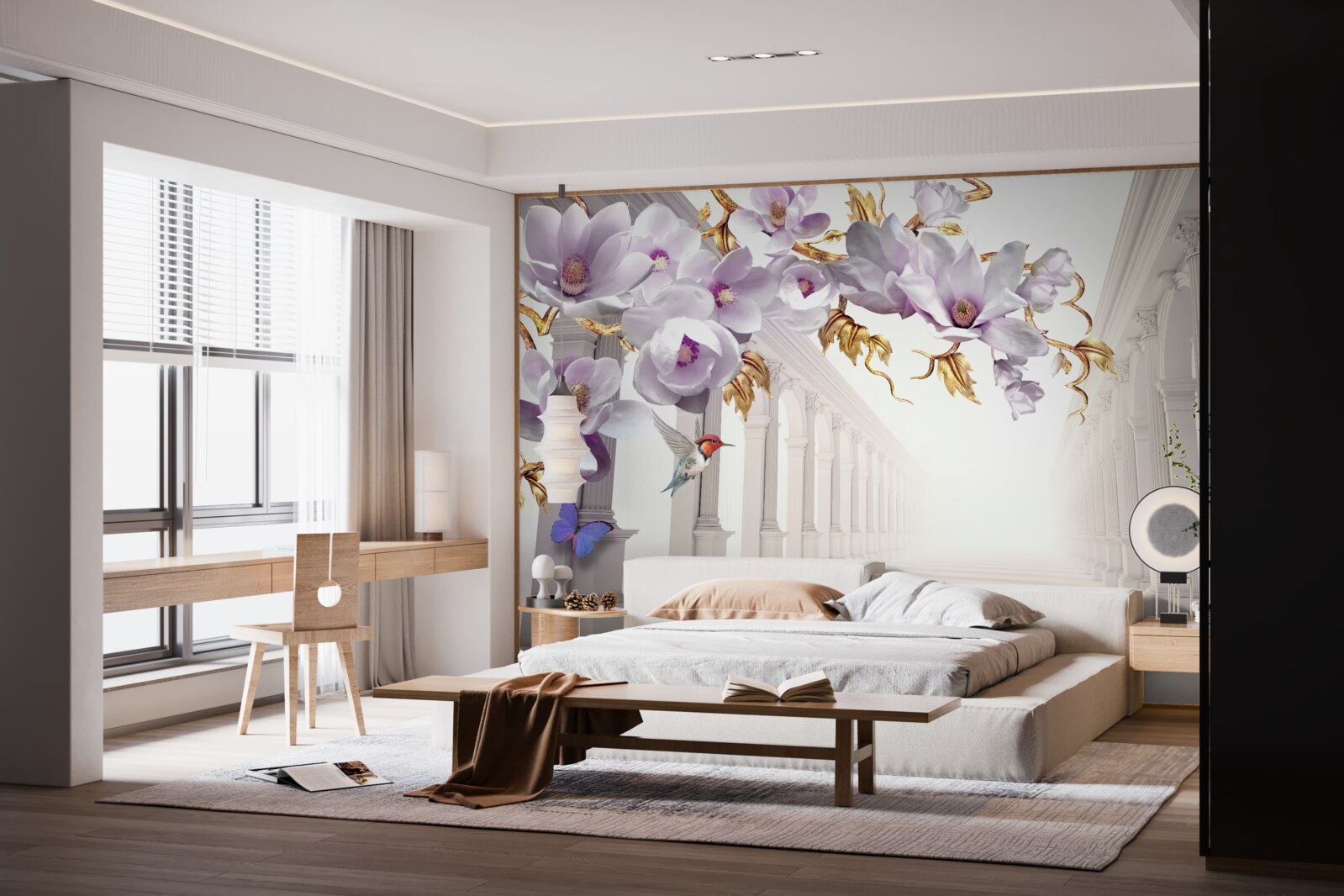 Фотошпалери нескінченний тунель, прикрашений яскравими квітами та метеликами