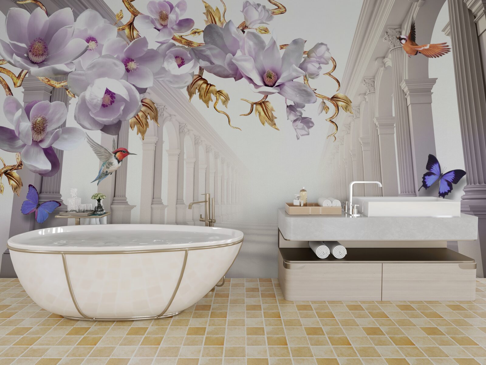 Фотошпалери нескінченний тунель, прикрашений яскравими квітами та метеликами