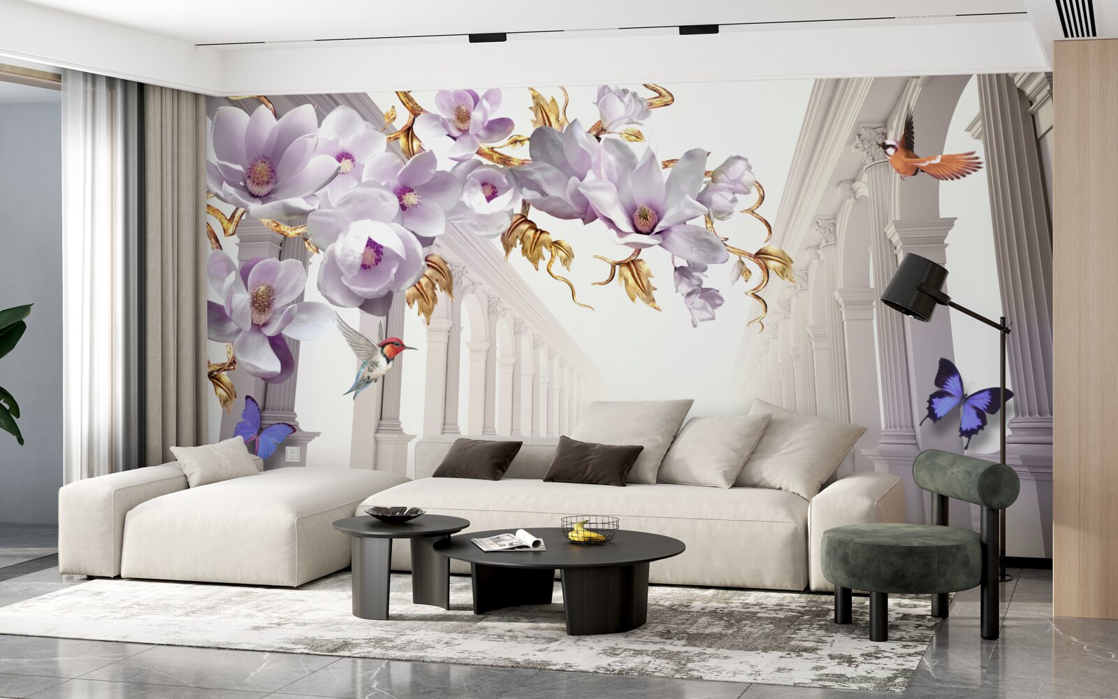 Фотошпалери нескінченний тунель, прикрашений яскравими квітами та метеликами