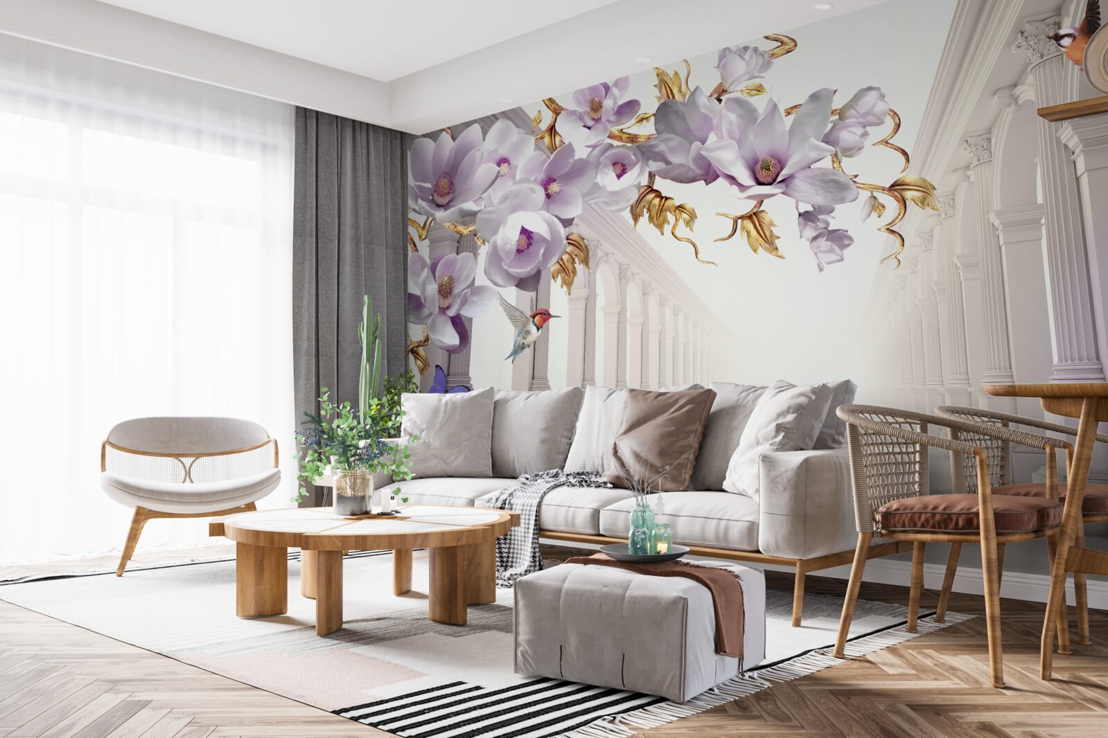 Фотошпалери нескінченний тунель, прикрашений яскравими квітами та метеликами