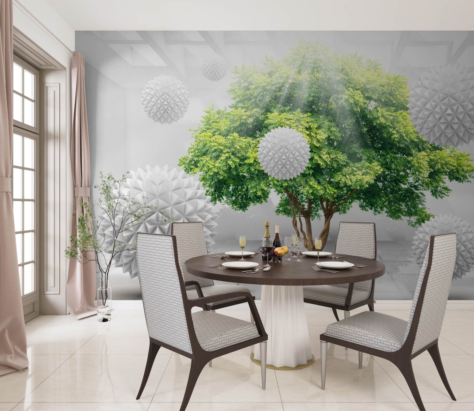 Фотошпалери сонячні промені освітлюють білі кульки, які контрастують із зеленню дерева