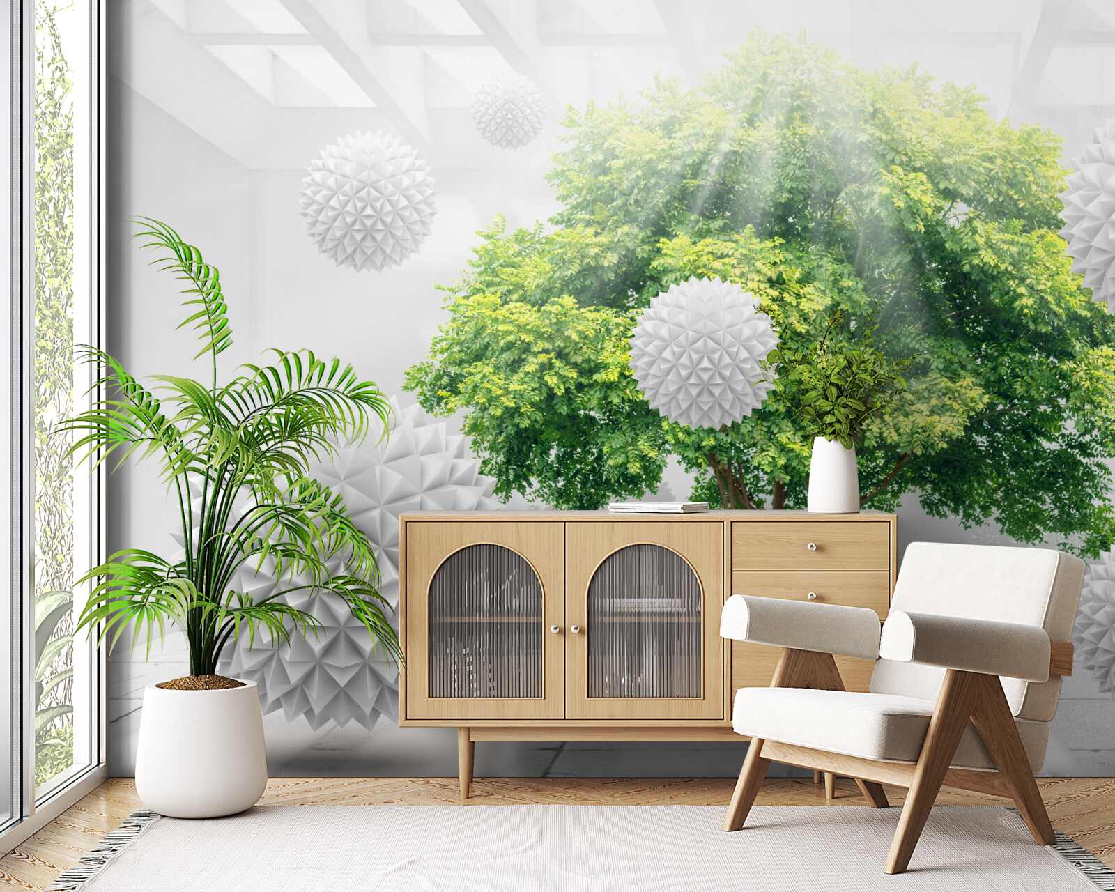 Фотошпалери сонячні промені освітлюють білі кульки, які контрастують із зеленню дерева