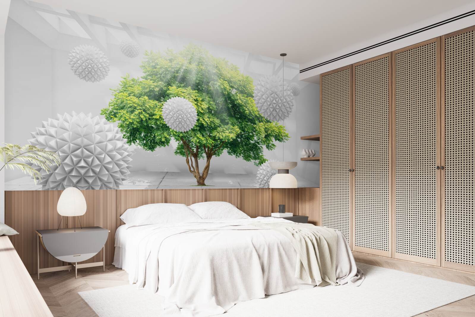 Фотошпалери сонячні промені освітлюють білі кульки, які контрастують із зеленню дерева