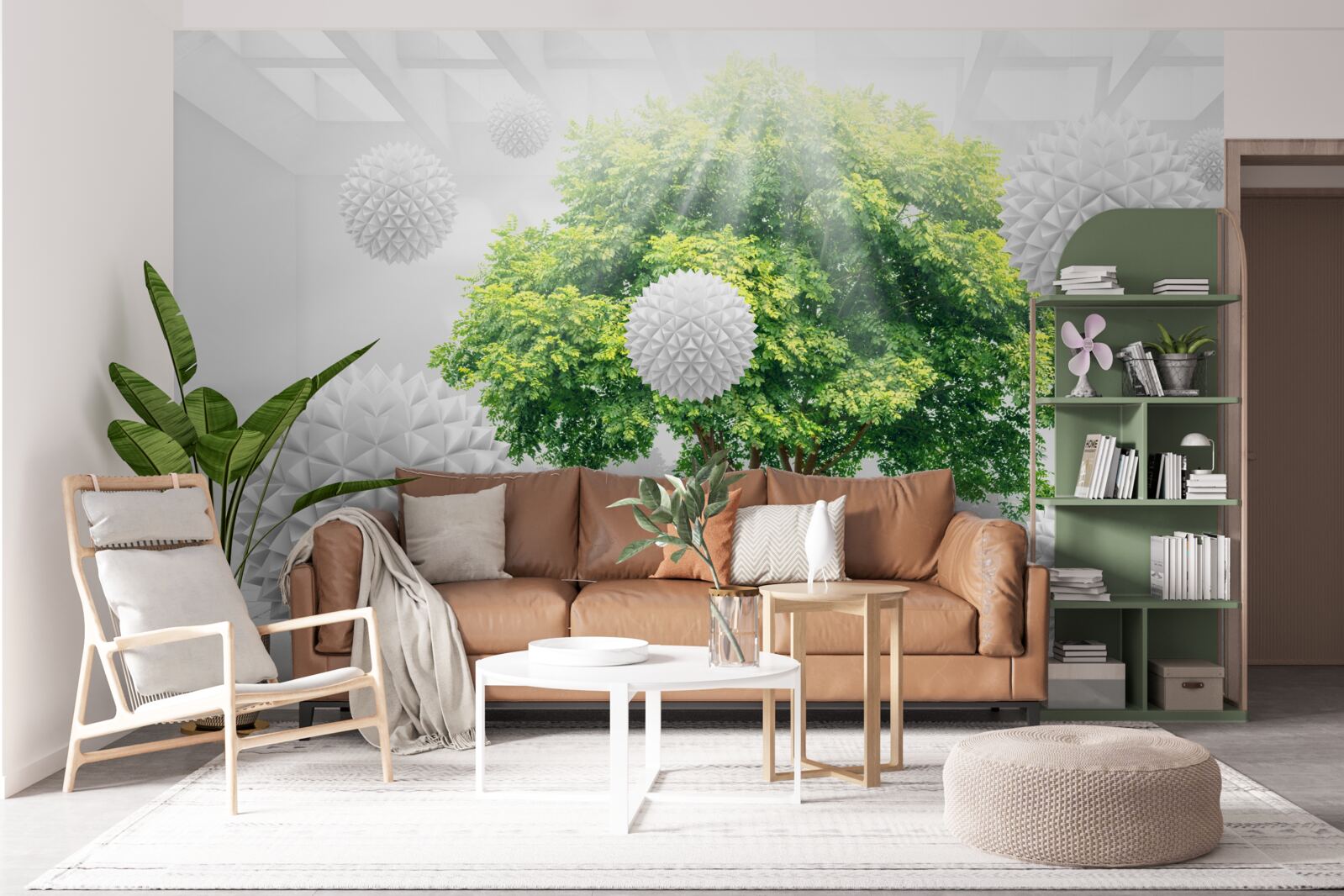 Фотошпалери сонячні промені освітлюють білі кульки, які контрастують із зеленню дерева