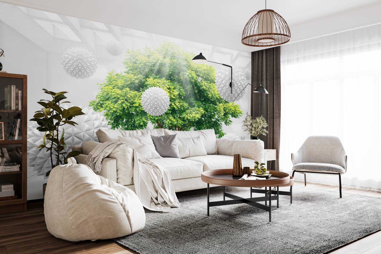 Фотошпалери сонячні промені освітлюють білі кульки, які контрастують із зеленню дерева