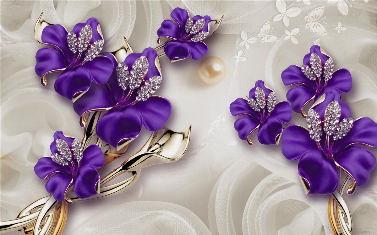 Фотошпалери гілки лілій синього кольору з перловими прикрасами