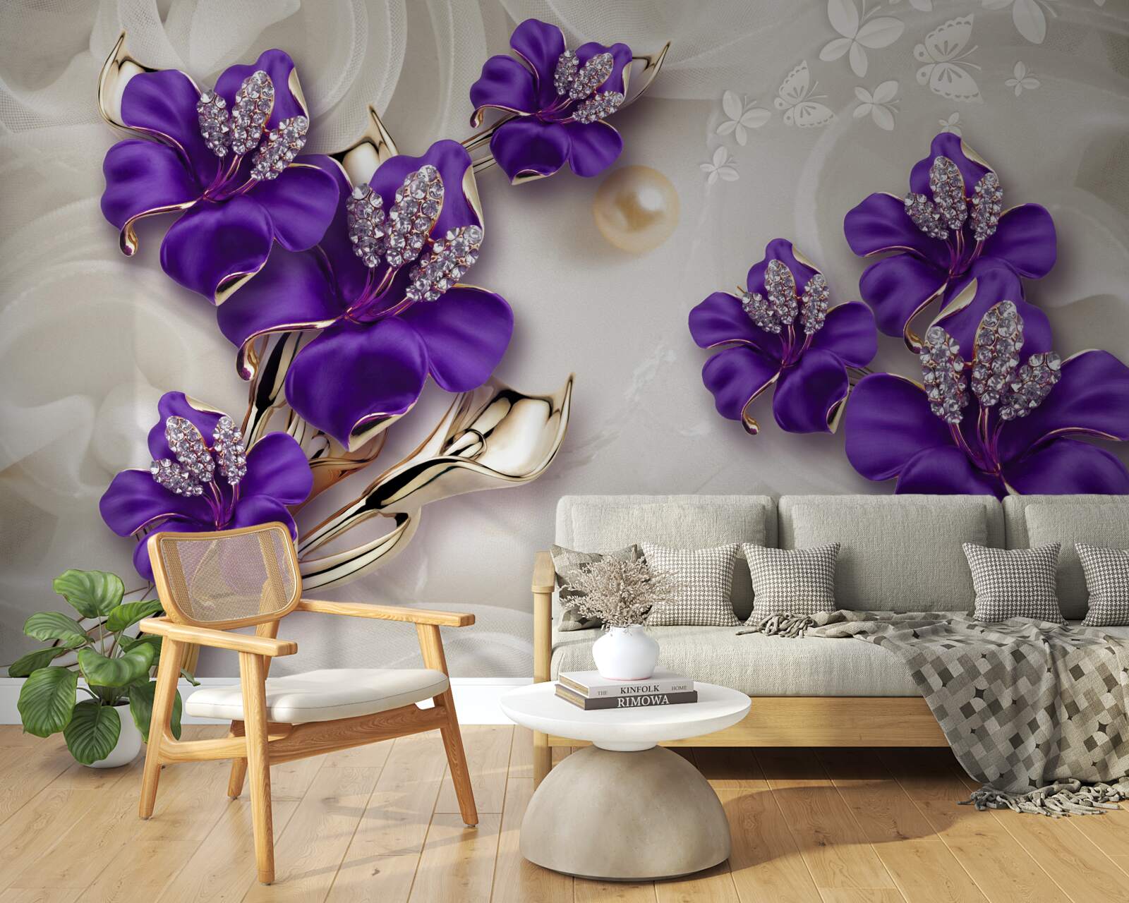 Фотошпалери гілки лілій синього кольору з перловими прикрасами