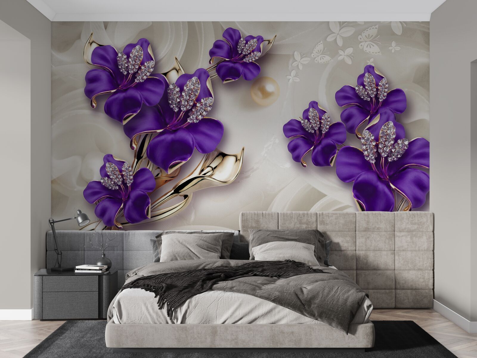 Фотошпалери гілки лілій синього кольору з перловими прикрасами