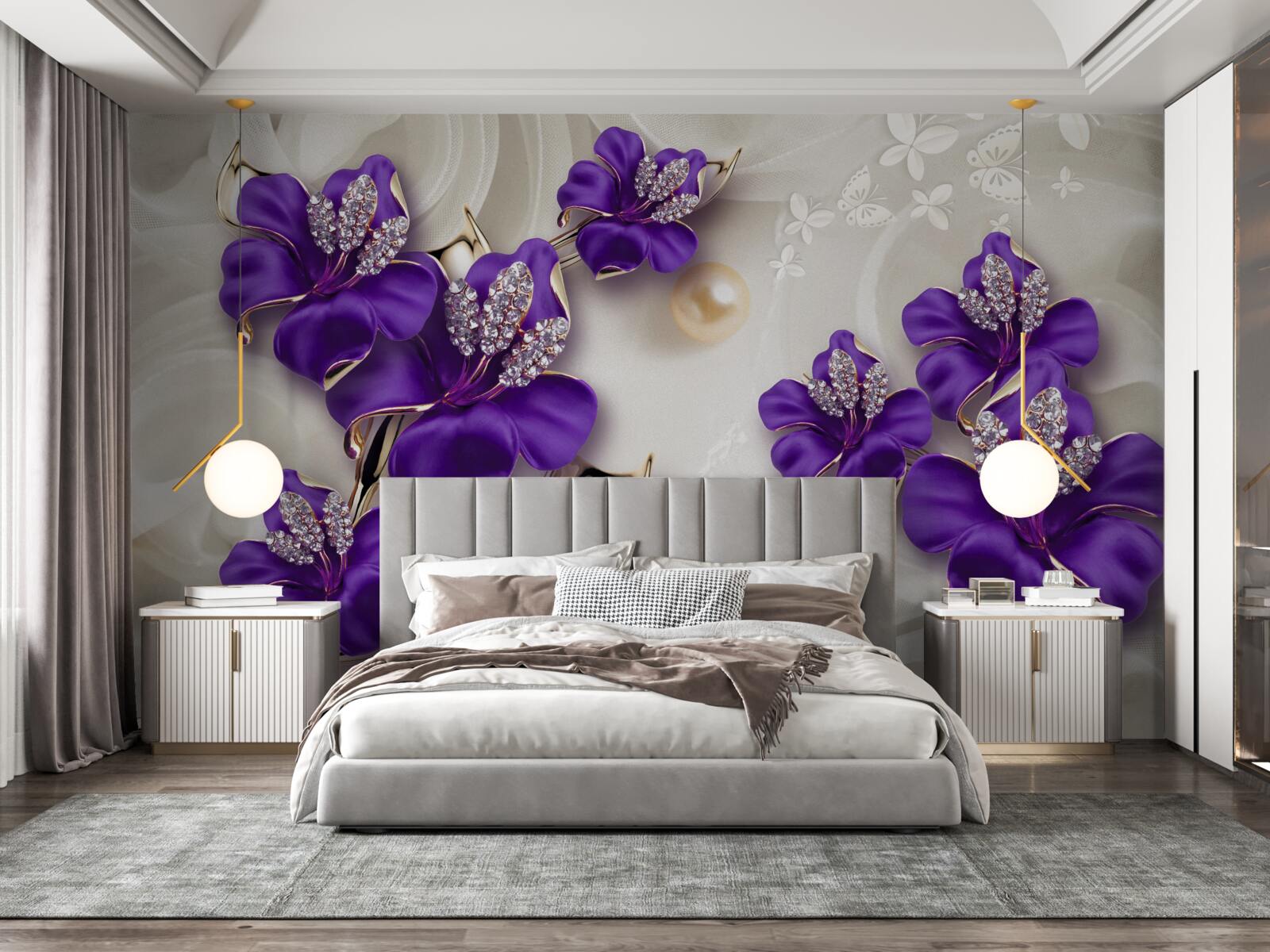 Фотошпалери гілки лілій синього кольору з перловими прикрасами