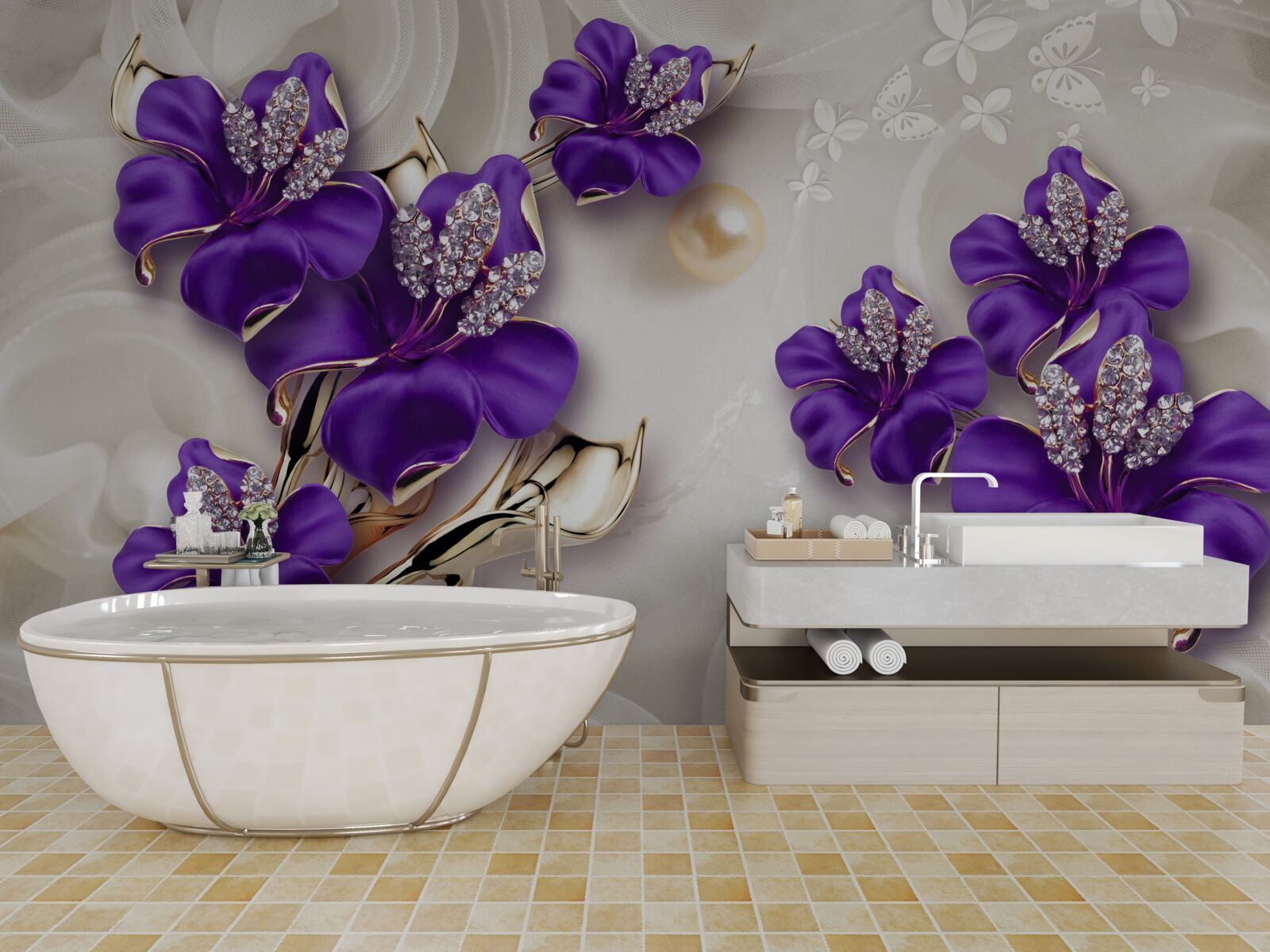 Фотошпалери гілки лілій синього кольору з перловими прикрасами