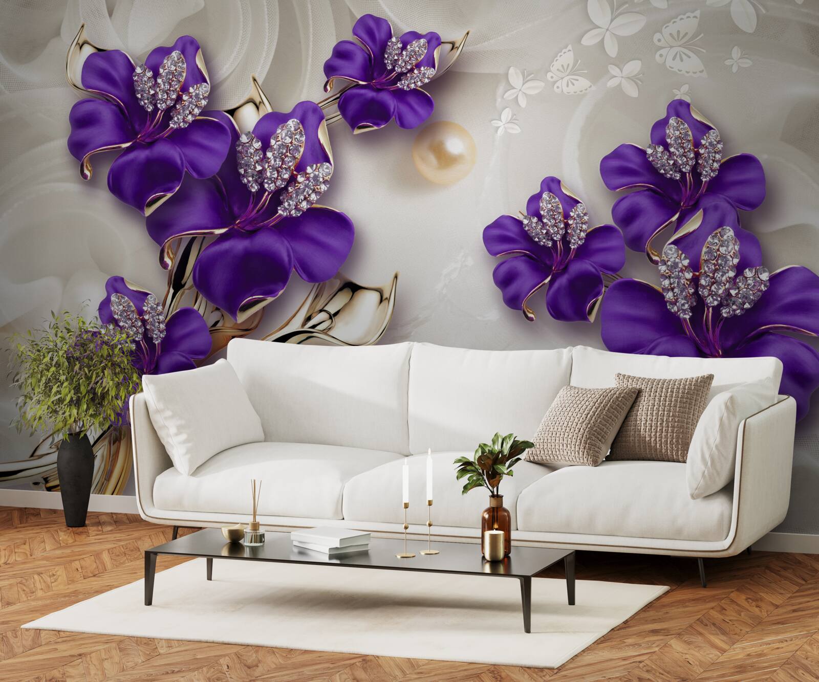 Фотошпалери гілки лілій синього кольору з перловими прикрасами