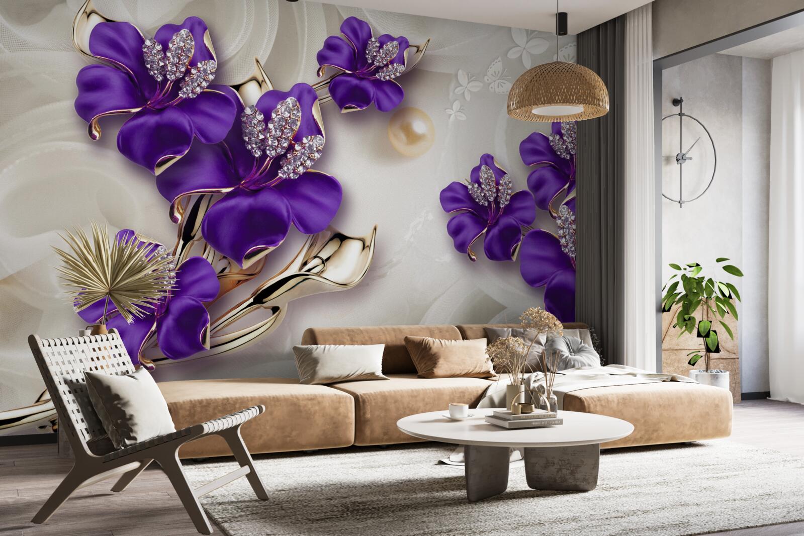 Фотошпалери гілки лілій синього кольору з перловими прикрасами