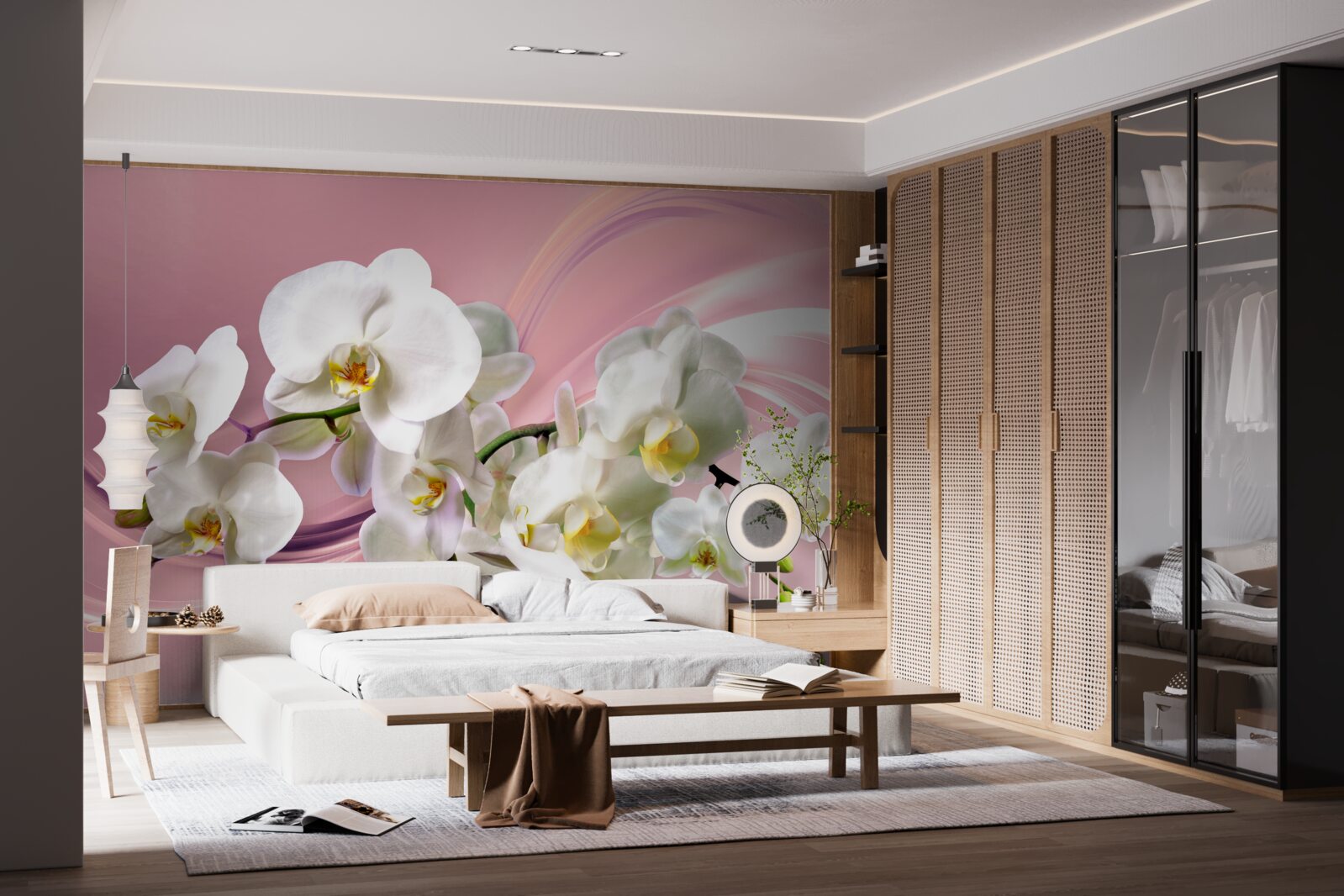 Фотошпалери великі білі орхідеї на рожевому тлі