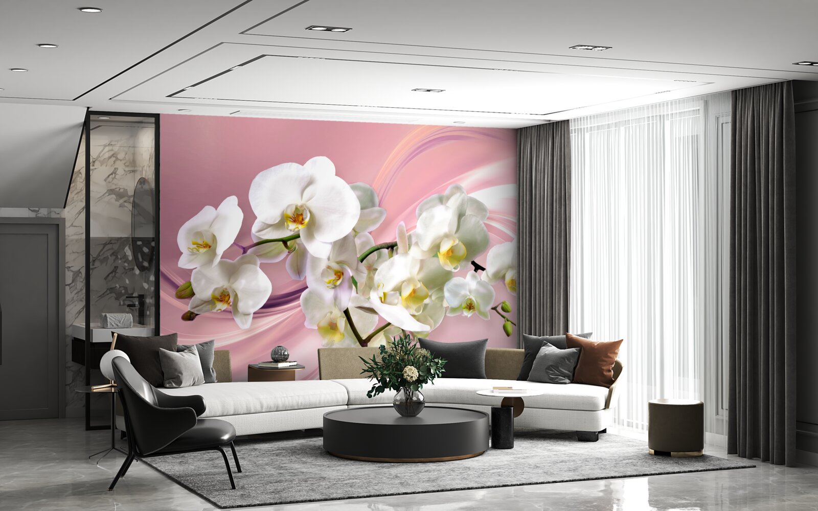 Фотошпалери великі білі орхідеї на рожевому тлі