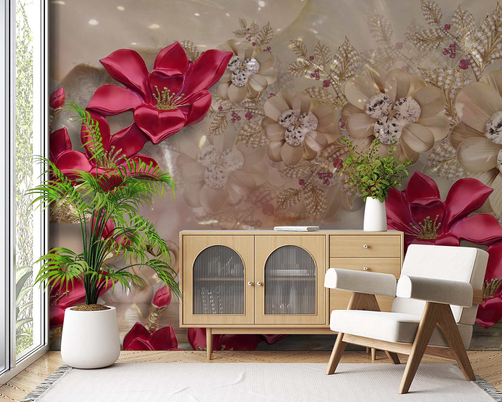 Фотошпалери червоні гілки прикрашені золотом і перлами