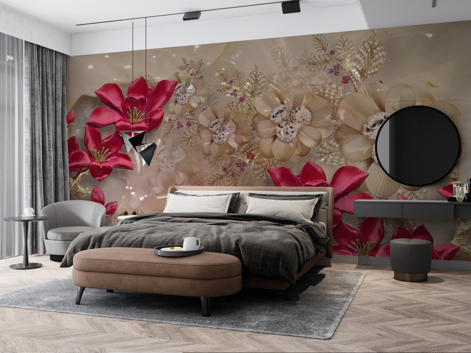 Фотошпалери червоні гілки прикрашені золотом і перлами