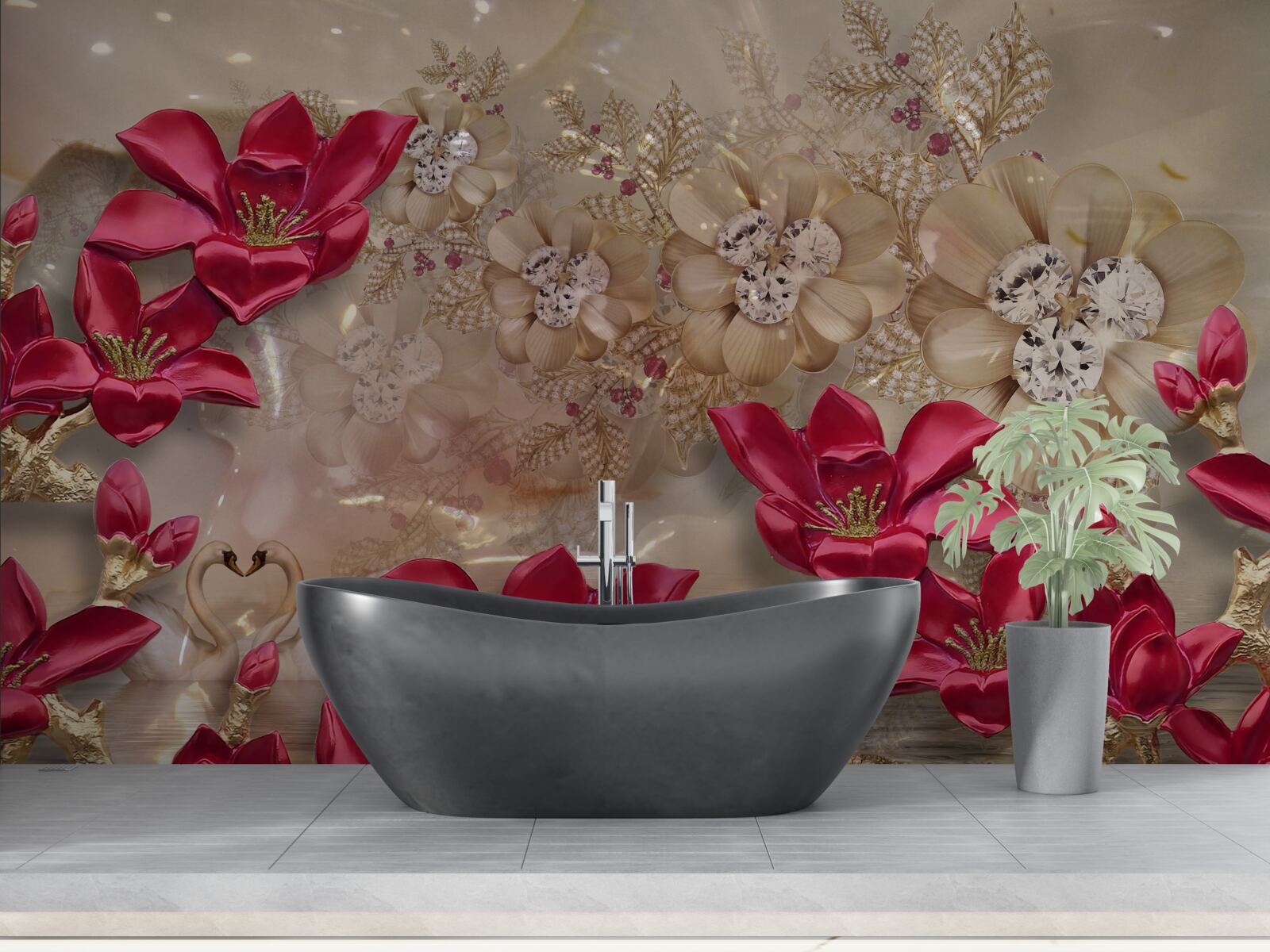 Фотошпалери червоні гілки прикрашені золотом і перлами