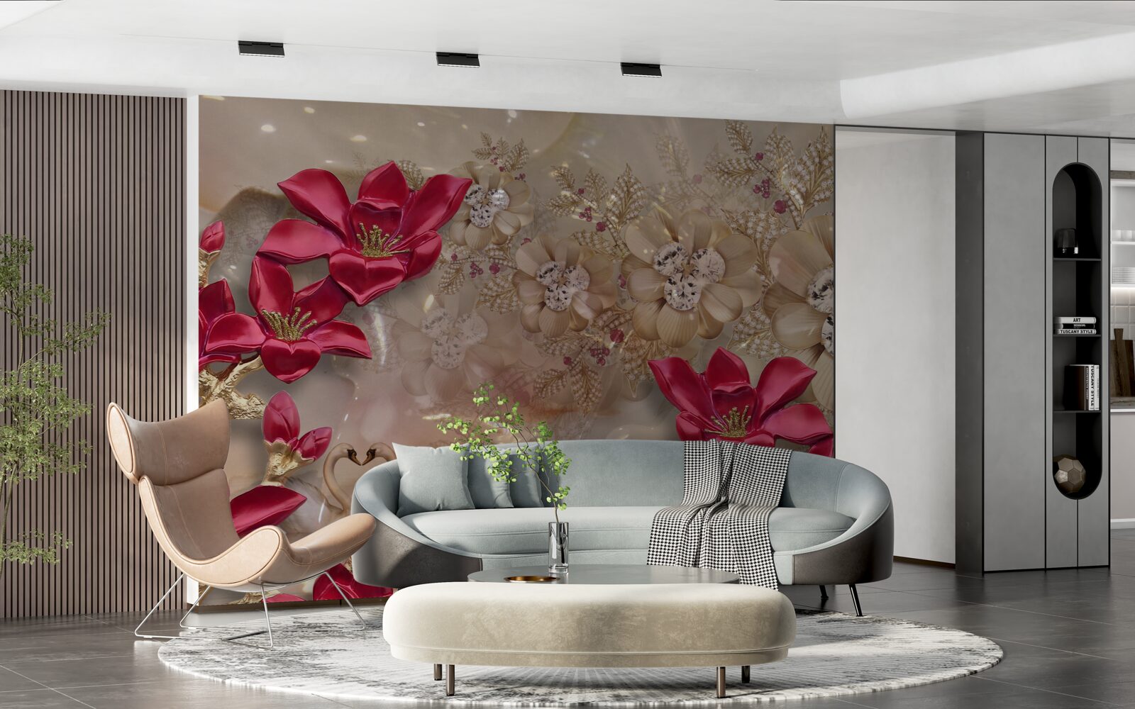 Фотошпалери червоні гілки прикрашені золотом і перлами