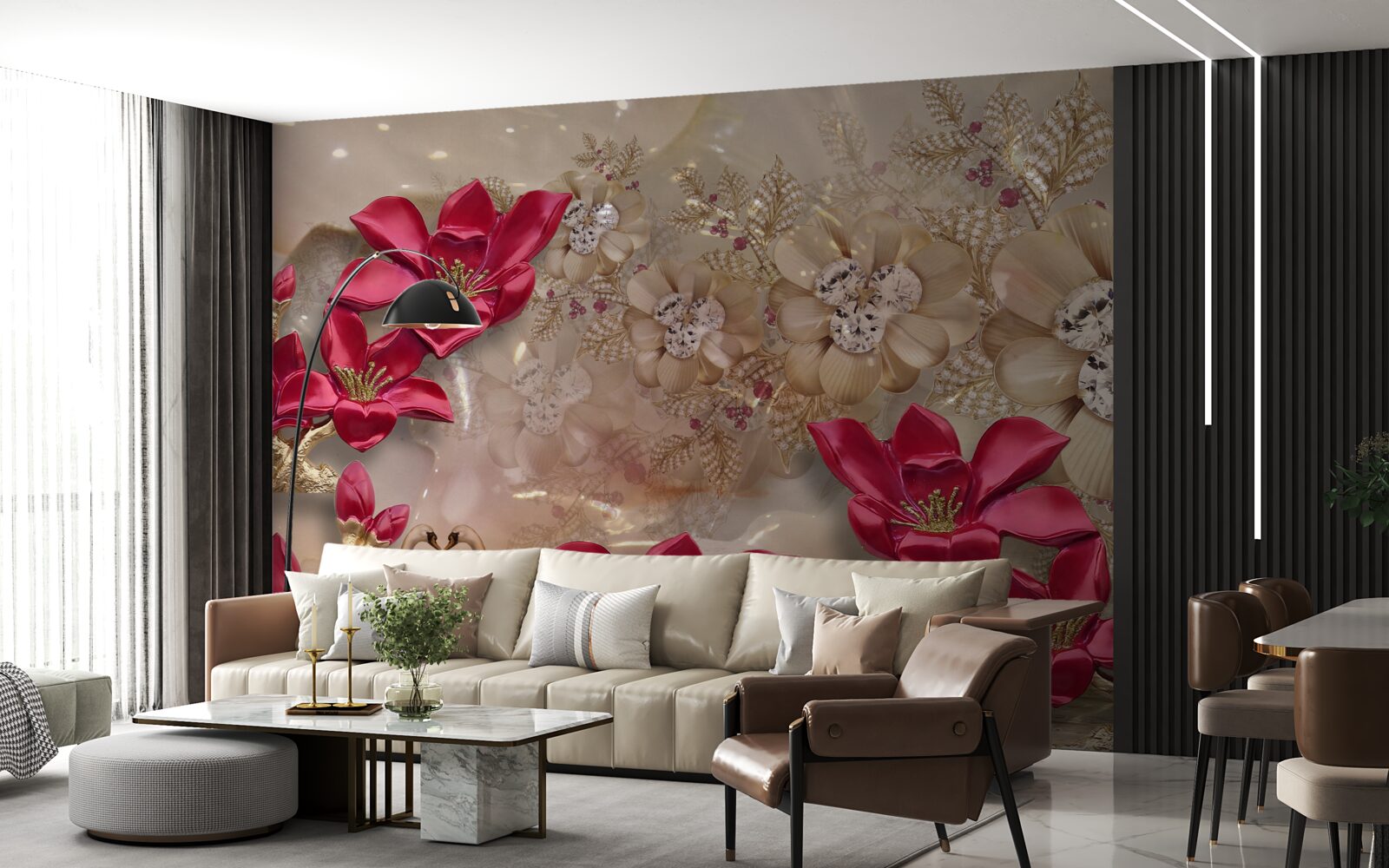 Фотошпалери червоні гілки прикрашені золотом і перлами