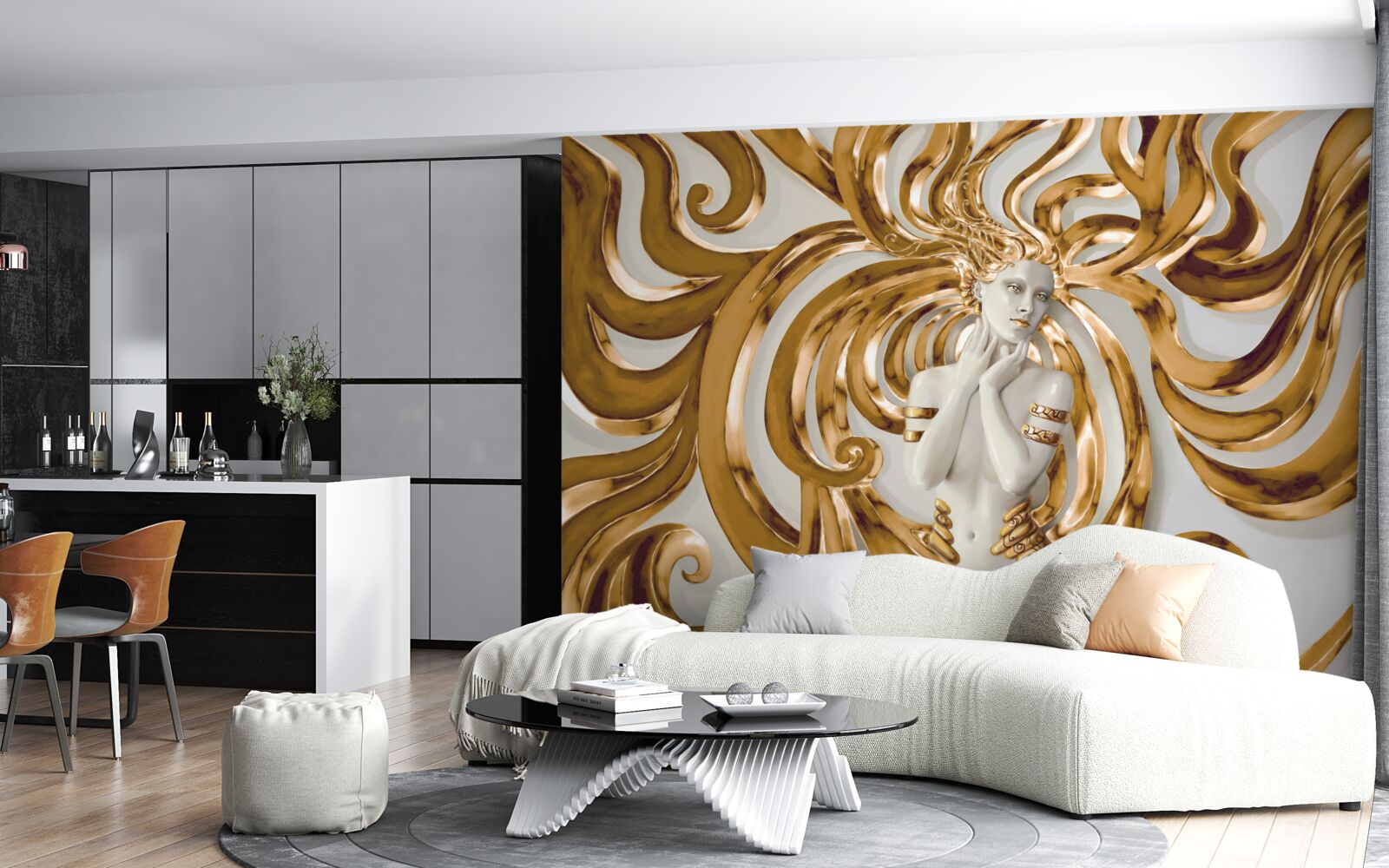 Фотошпалери золоті лінії та обриси дівчини