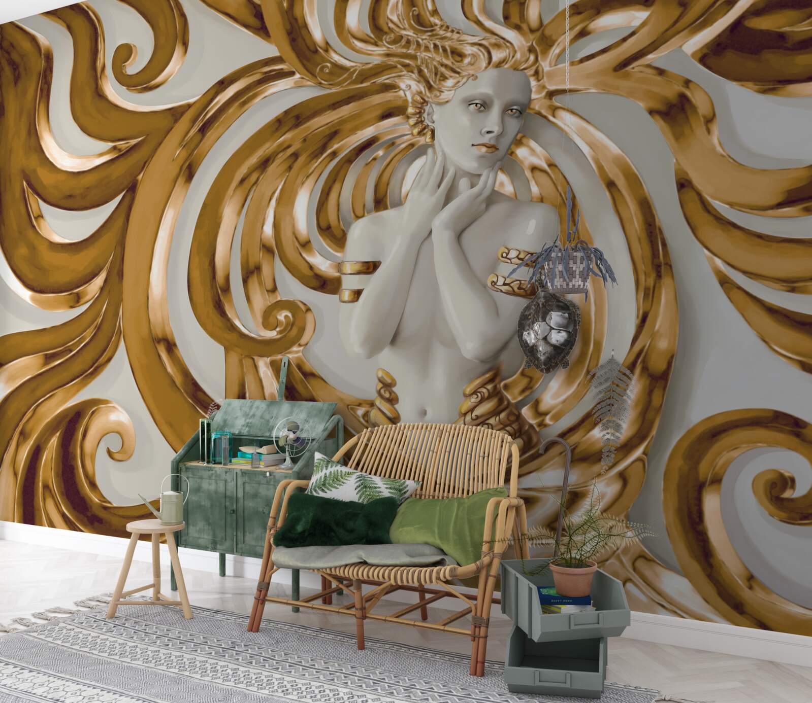 Фотошпалери золоті лінії та обриси дівчини