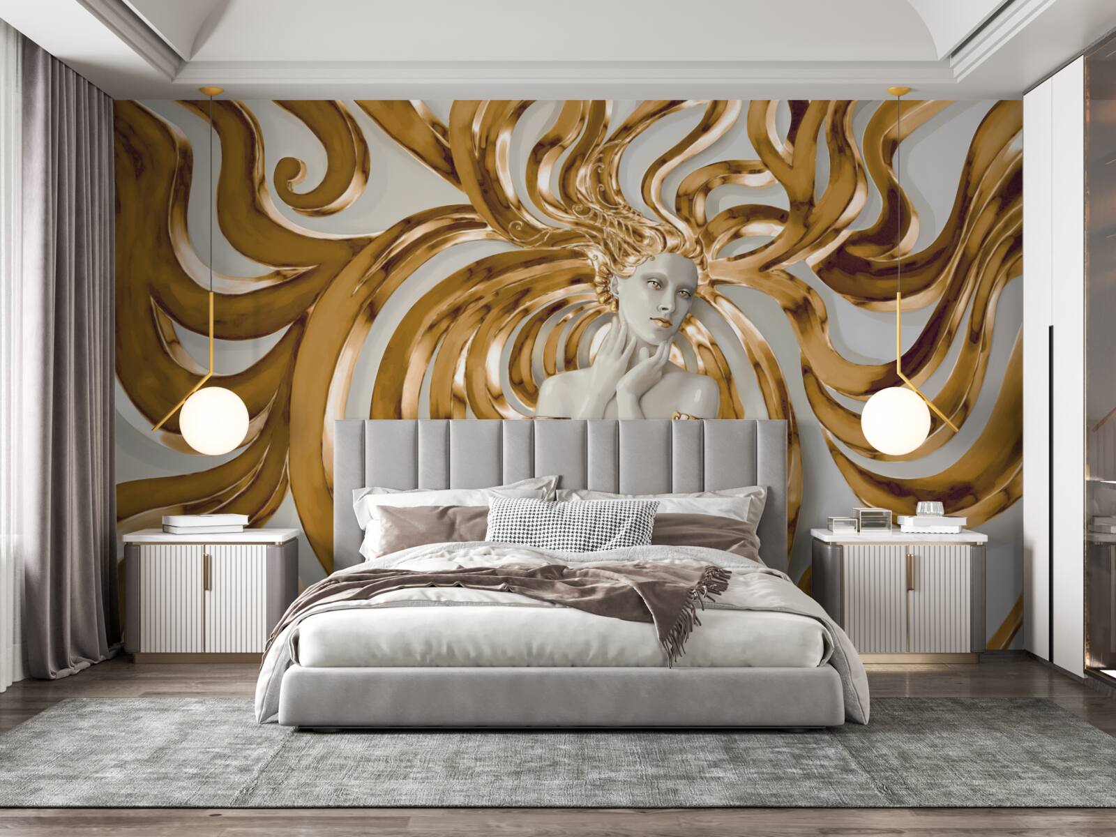 Фотошпалери золоті лінії та обриси дівчини