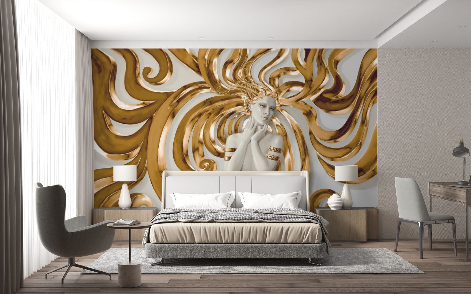 Фотошпалери золоті лінії та обриси дівчини