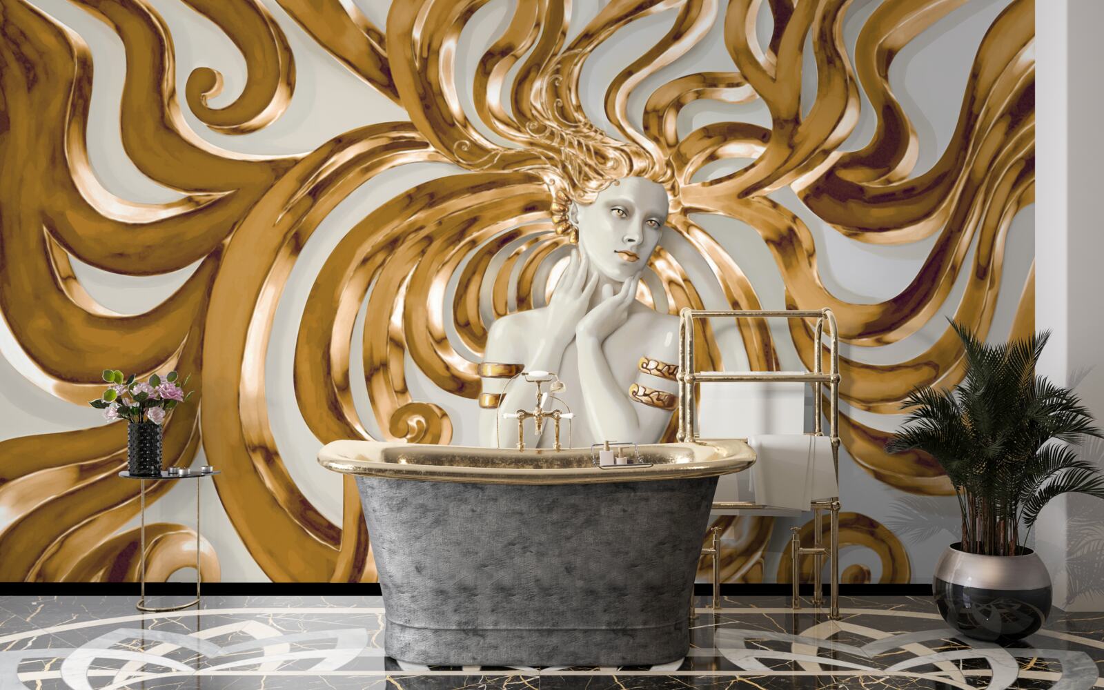 Фотошпалери золоті лінії та обриси дівчини