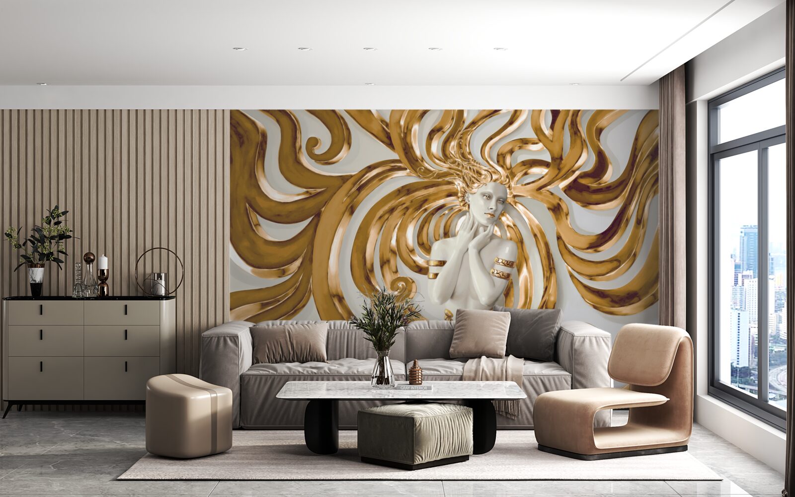 Фотошпалери золоті лінії та обриси дівчини