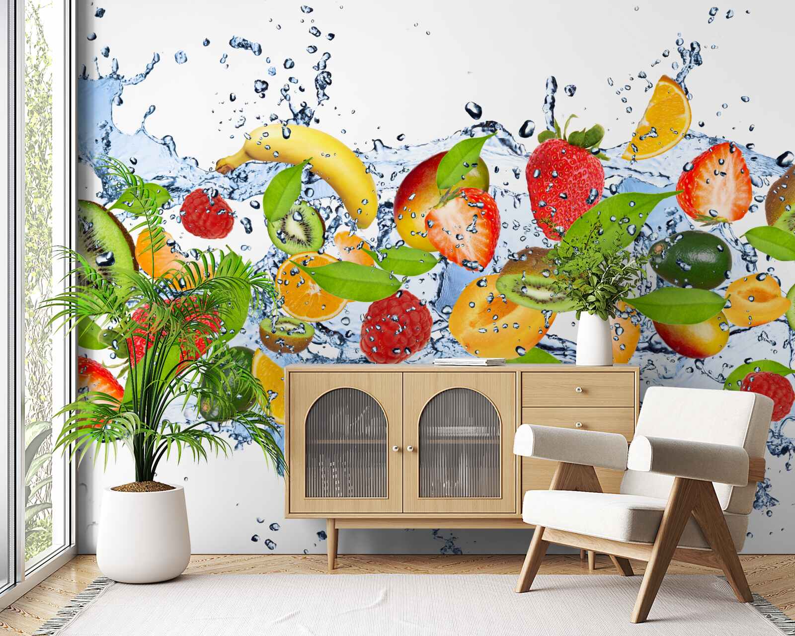 Фотошпалери бризки води, що оточують фрукти та ягоди