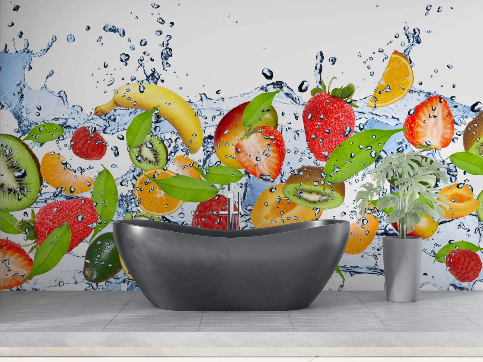 Фотошпалери бризки води, що оточують фрукти та ягоди