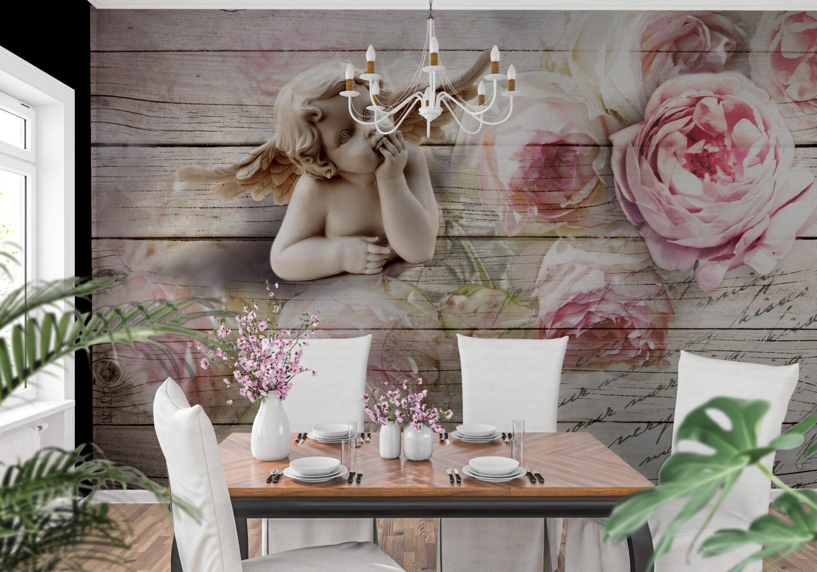 Фотошпалери віддзеркалення ангела та бутони червоних троянд