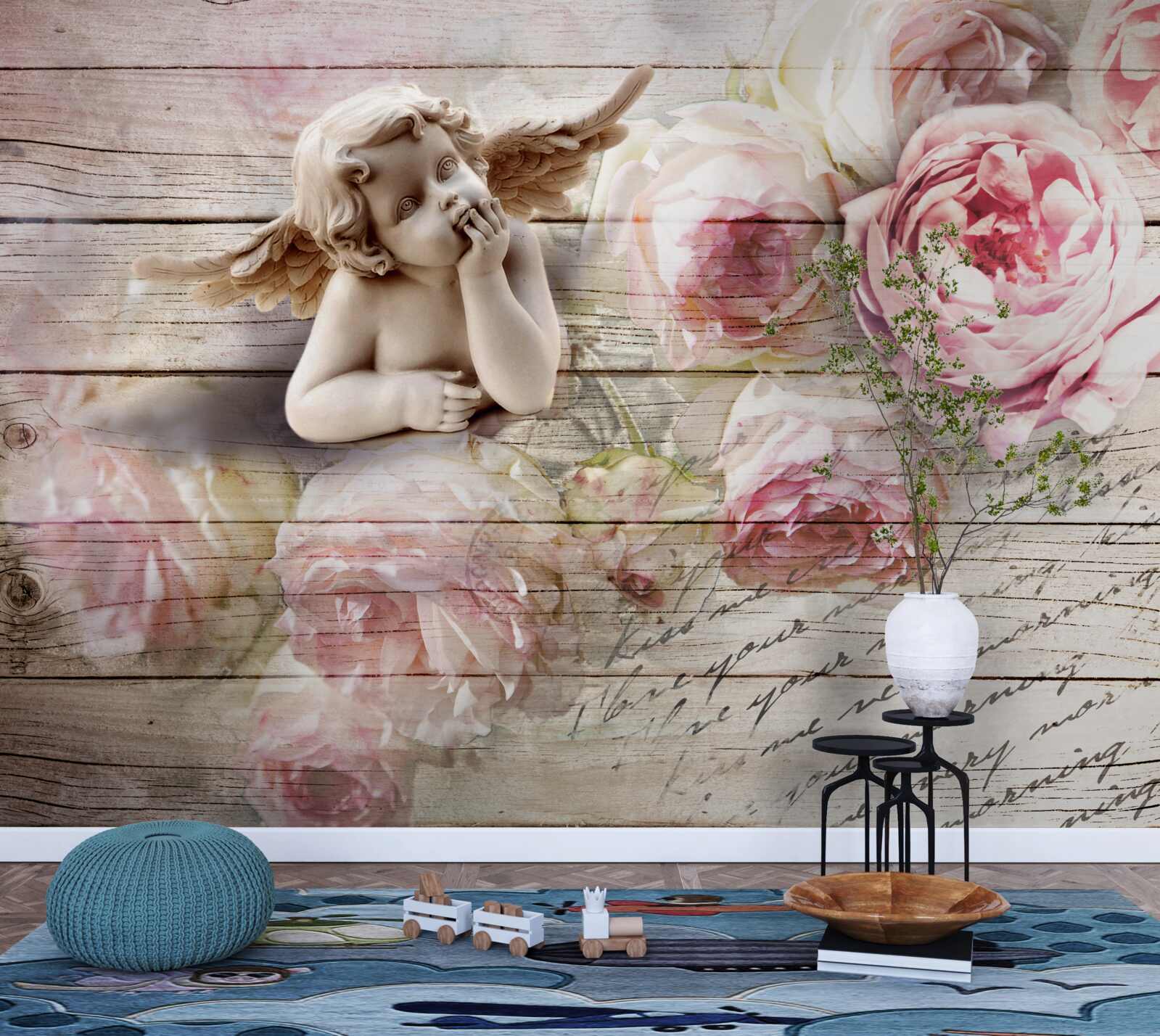 Фотошпалери віддзеркалення ангела та бутони червоних троянд