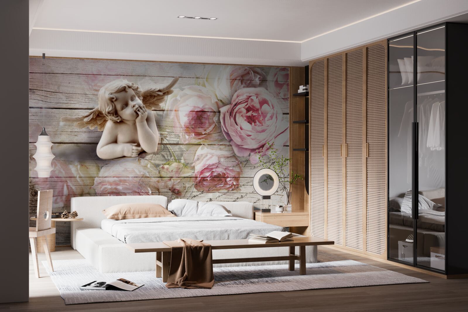 Фотошпалери віддзеркалення ангела та бутони червоних троянд