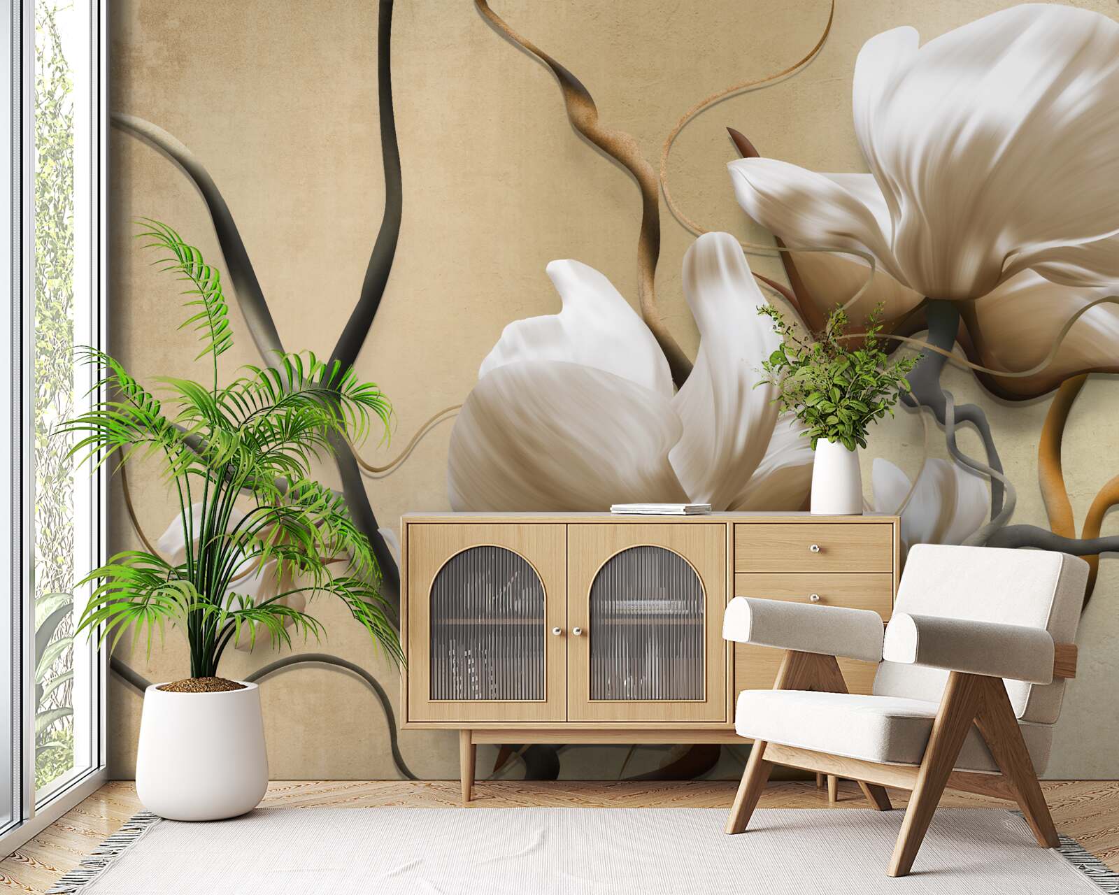 Фотошпалери елегантні гілки, прикрашені білими квітами