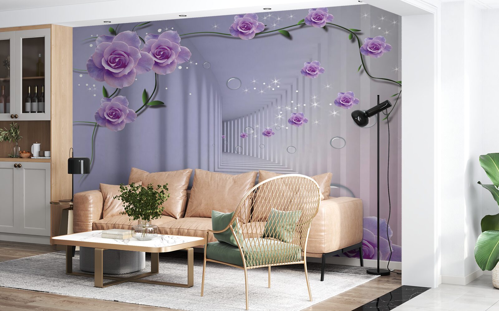 Фотошпалери в тунелі розпускаються ніжні блакитні бутони квітів