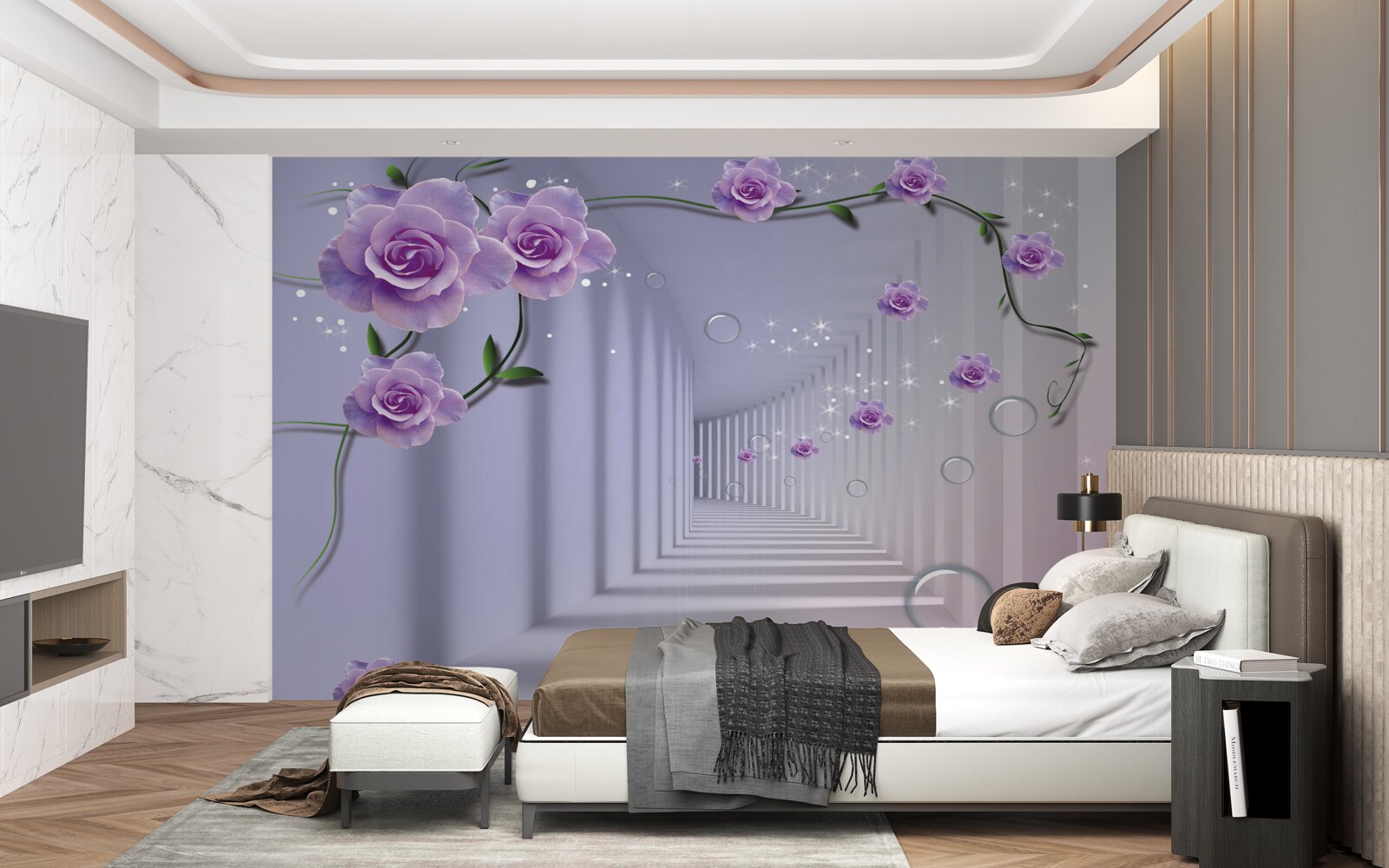 Фотошпалери в тунелі розпускаються ніжні блакитні бутони квітів